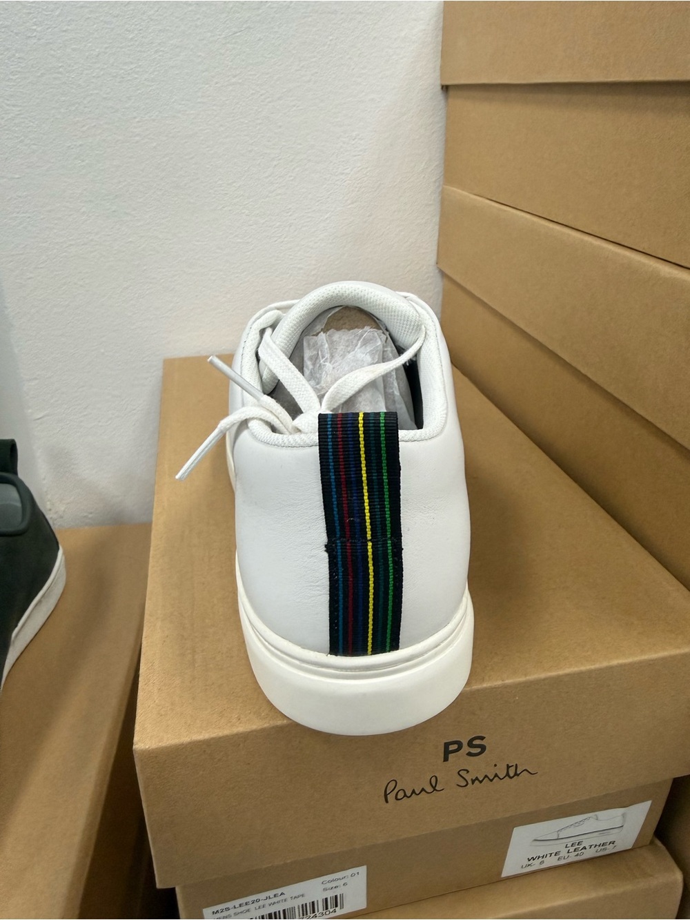 Paul Smith White Leather Sneaker with Rainbow Heel Stripe